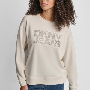 DKNY TRÖJA MED RINESTEN, LOGOTYP OCH RUNDRINGAD HALSDRAGS